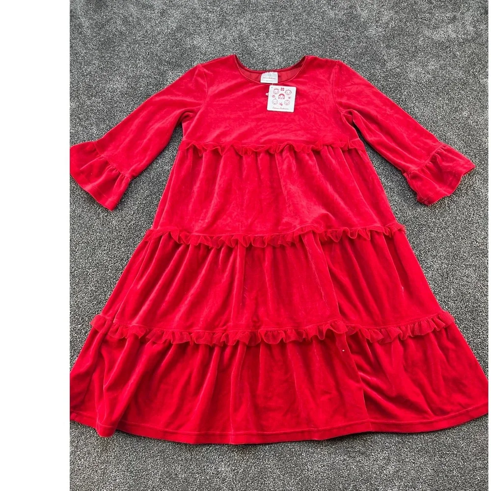 Hanna Andersson Red Velvet Tiered Ruffle Dress Girls Size 150 Long Sleeve NEW